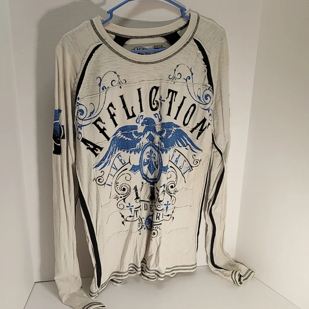 Men's M Affliction Long Sleeve T Shirt Cream Blue Ombre Eagle Fluer De Lis - Picture 1 of 5